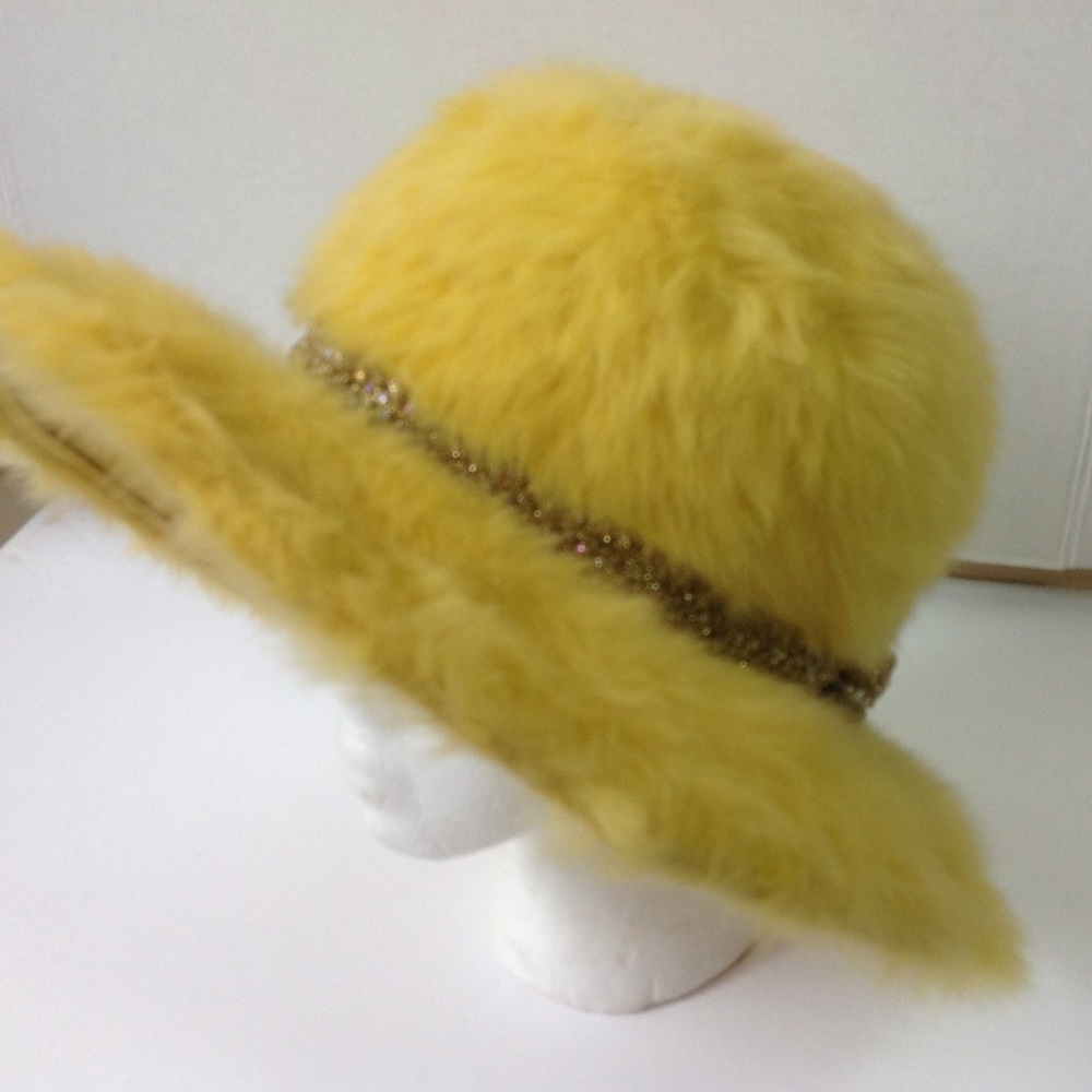 Vintage Yellow Fur Hat Wide Brim Gold Metallic Bow